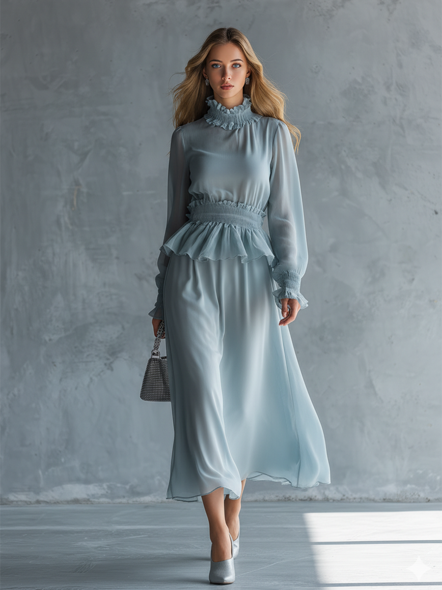 Stylish And Elegant High-neck Long-sleeved Ruffled Chiffon Midi Dress