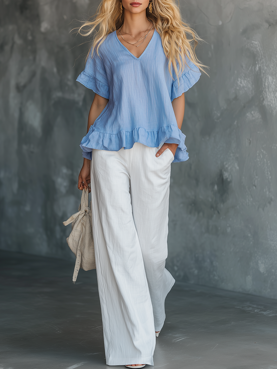 Elegant Vintage V-neck T-shirt With Ruffled Sleeves And Flared Pants Set