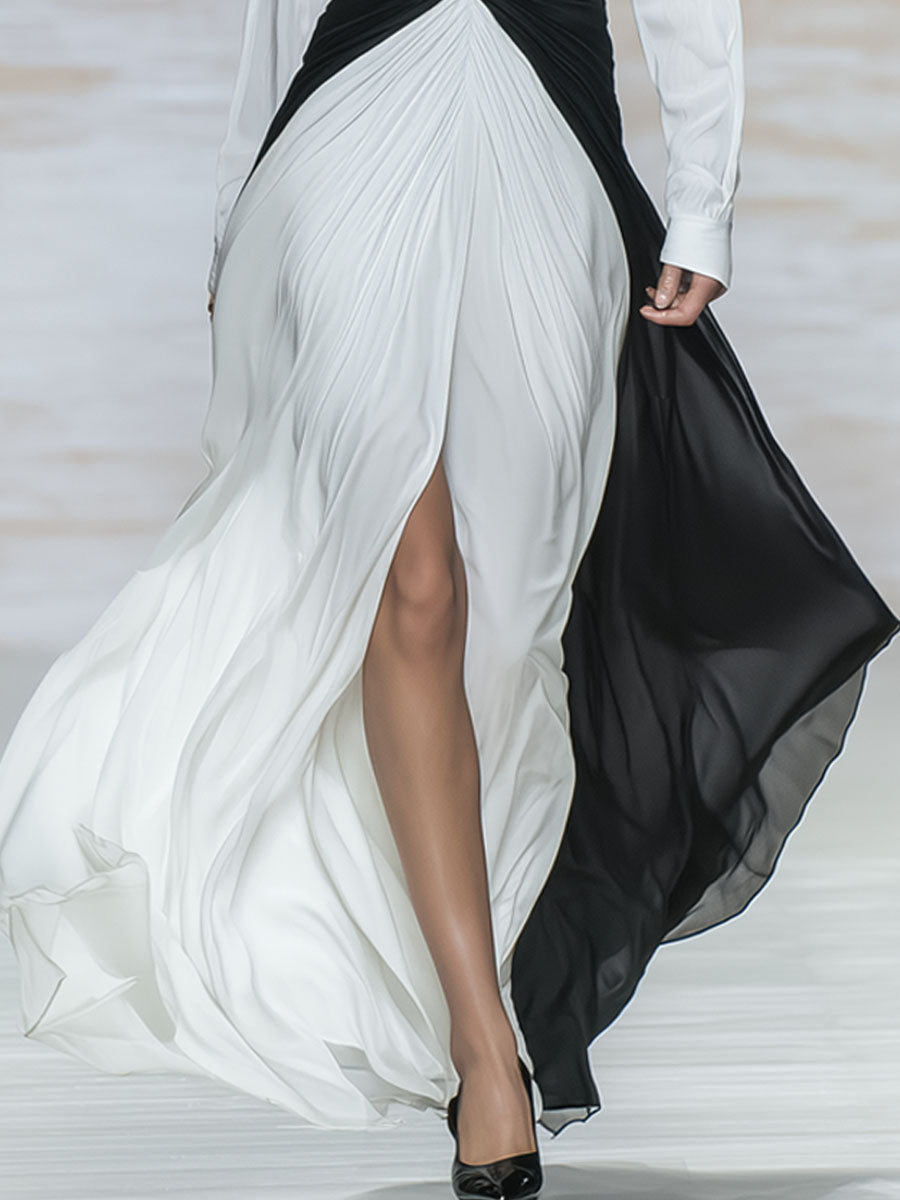 V-neck Color-block Chiffon Patchwork Long-sleeved Maxi Dress