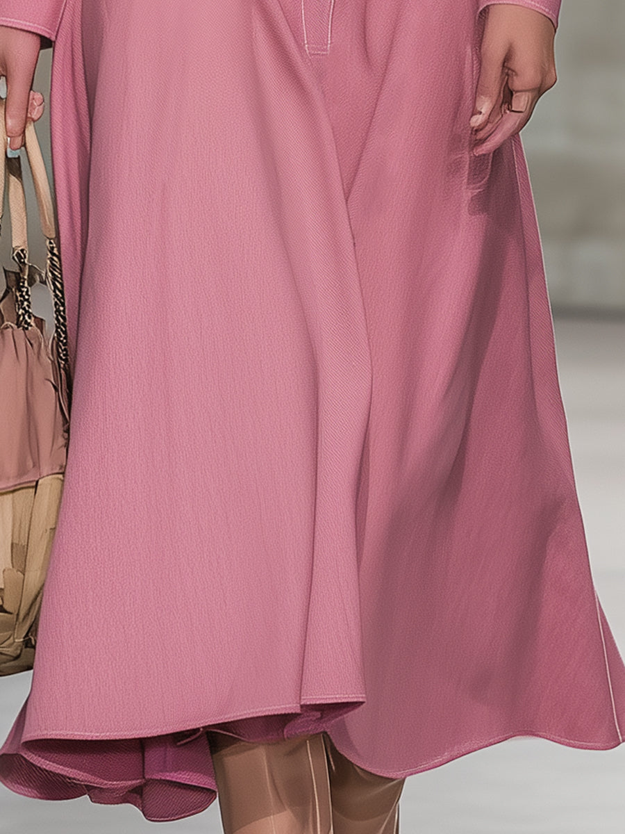 Retro Pink Denim Button White Stitching Maxi Dress