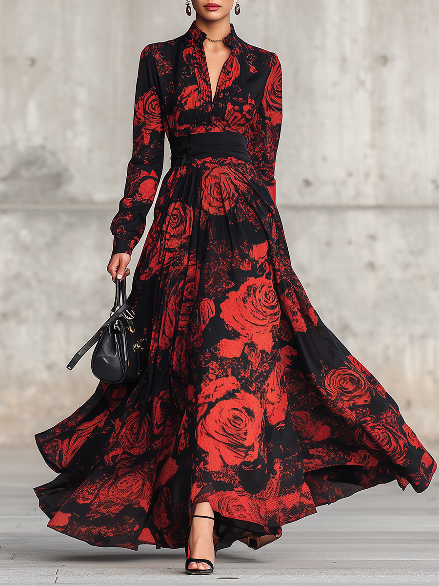 Vintage Black Chiffon Dress With Red Rose Texture Maxi Dress