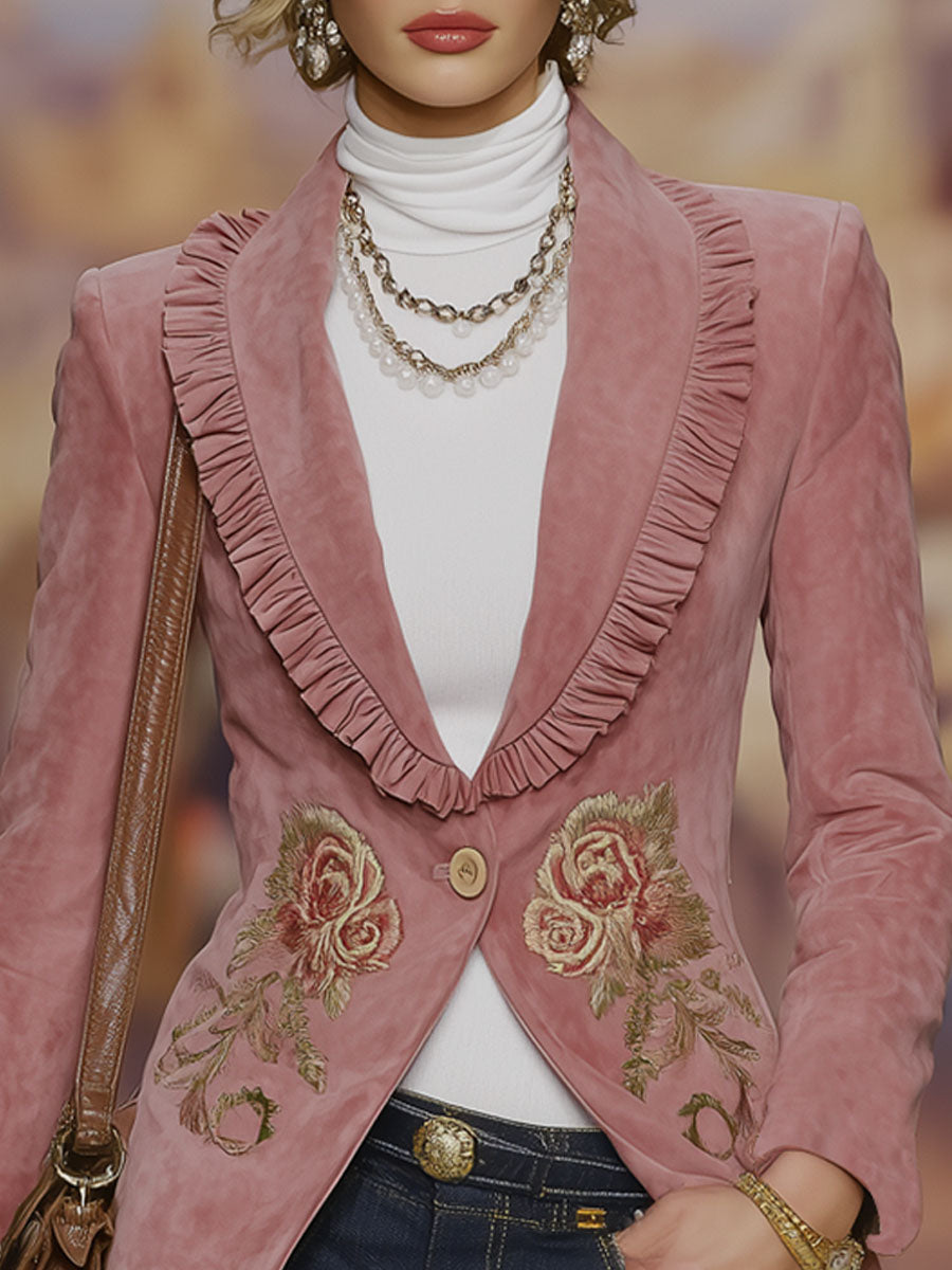Retro-style Lapel Ruffled Floral Embroidery Faux Suede Blazer