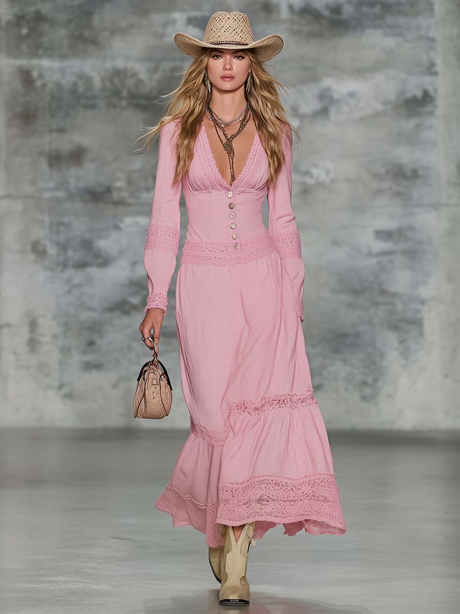 Elegant Retro V-neck Lace-trimmed Light Pink Cotton Midi Dress