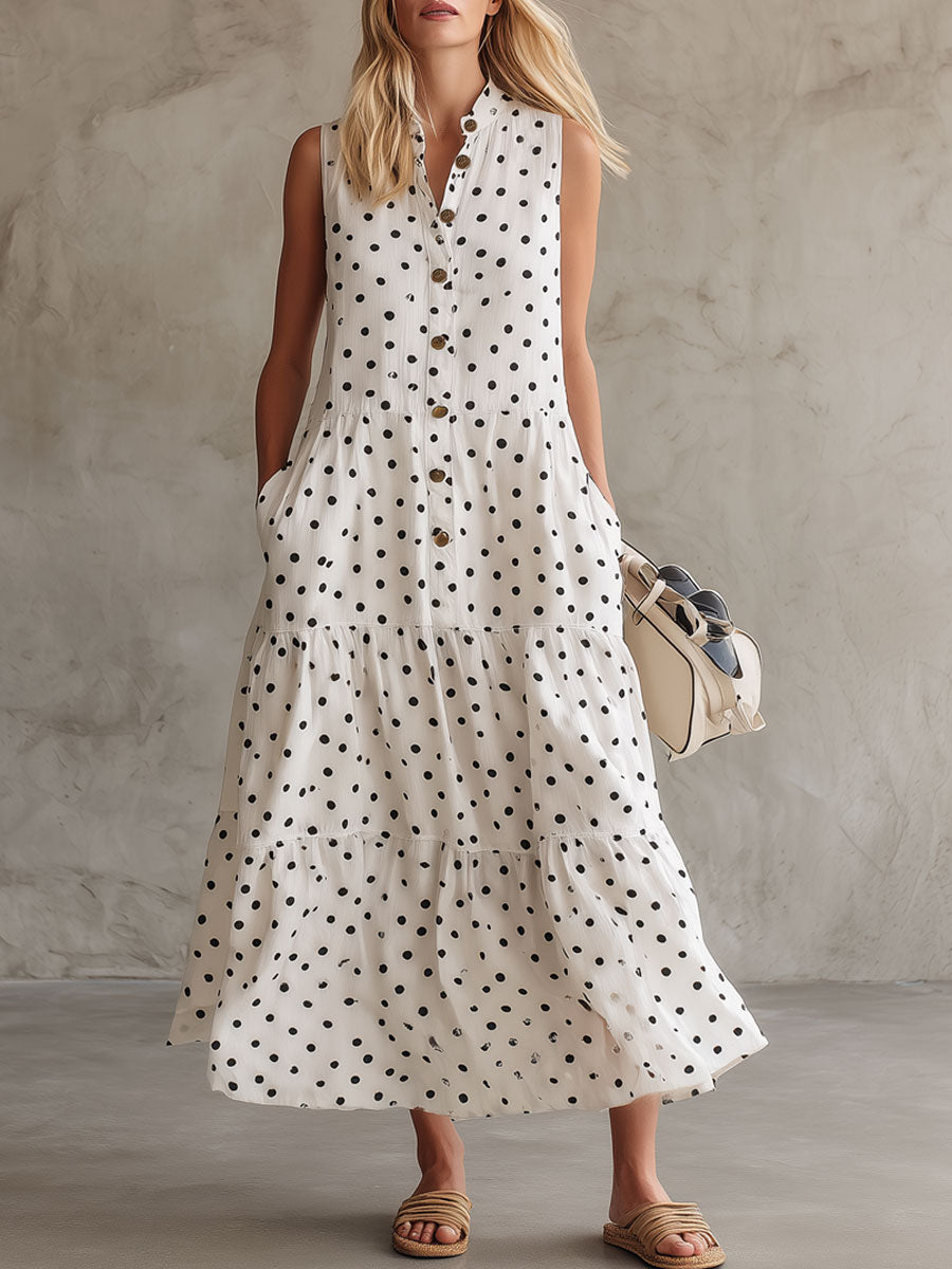 Casual Retro Black Polka Dot White Linen Sleeveless Shirt Dress