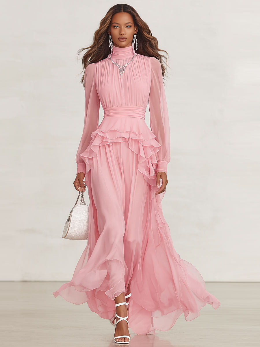 Pink High-neck Ruffled Chiffon Long-sleeved Maxi Dress