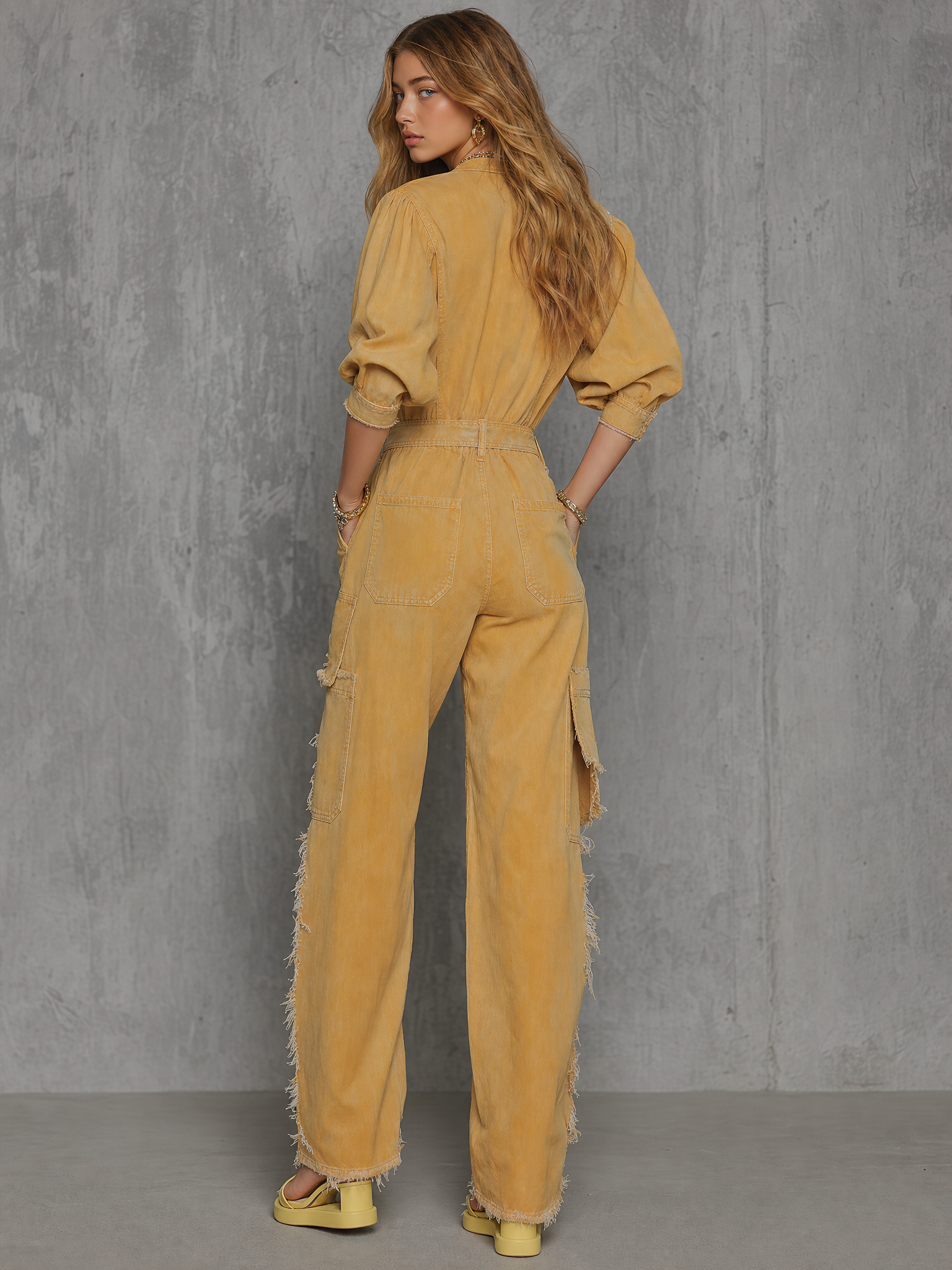 Retro Utility Denim Jumpsuit – Deep-V Frayed Tassel Lace-Up Waist Wide Leg