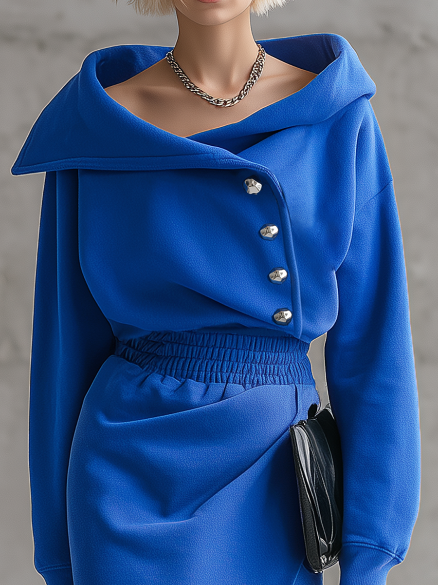 Trendy Sporty Oversized Lapel Royal Blue Midi Dress