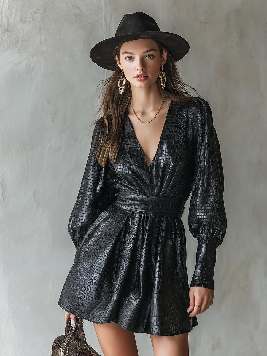 Retro-chic V-neck Faux Crocodile Leather Mini Dress
