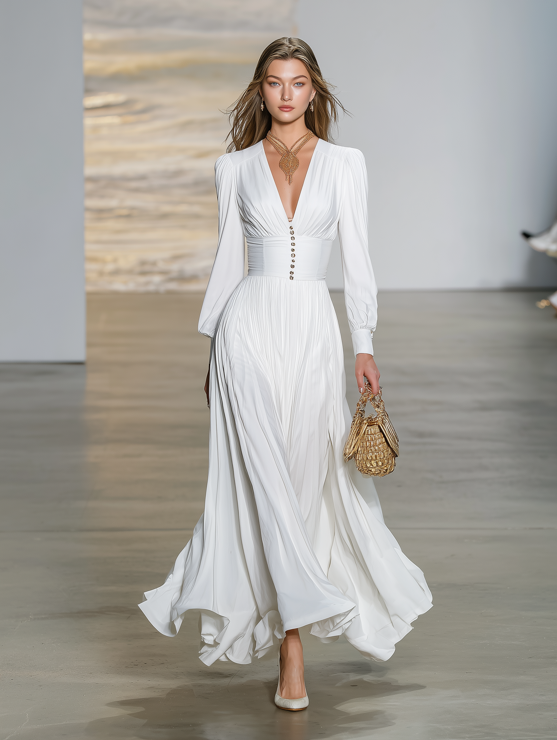 Stylish White Satin V-neck Pleated Maxi Dress