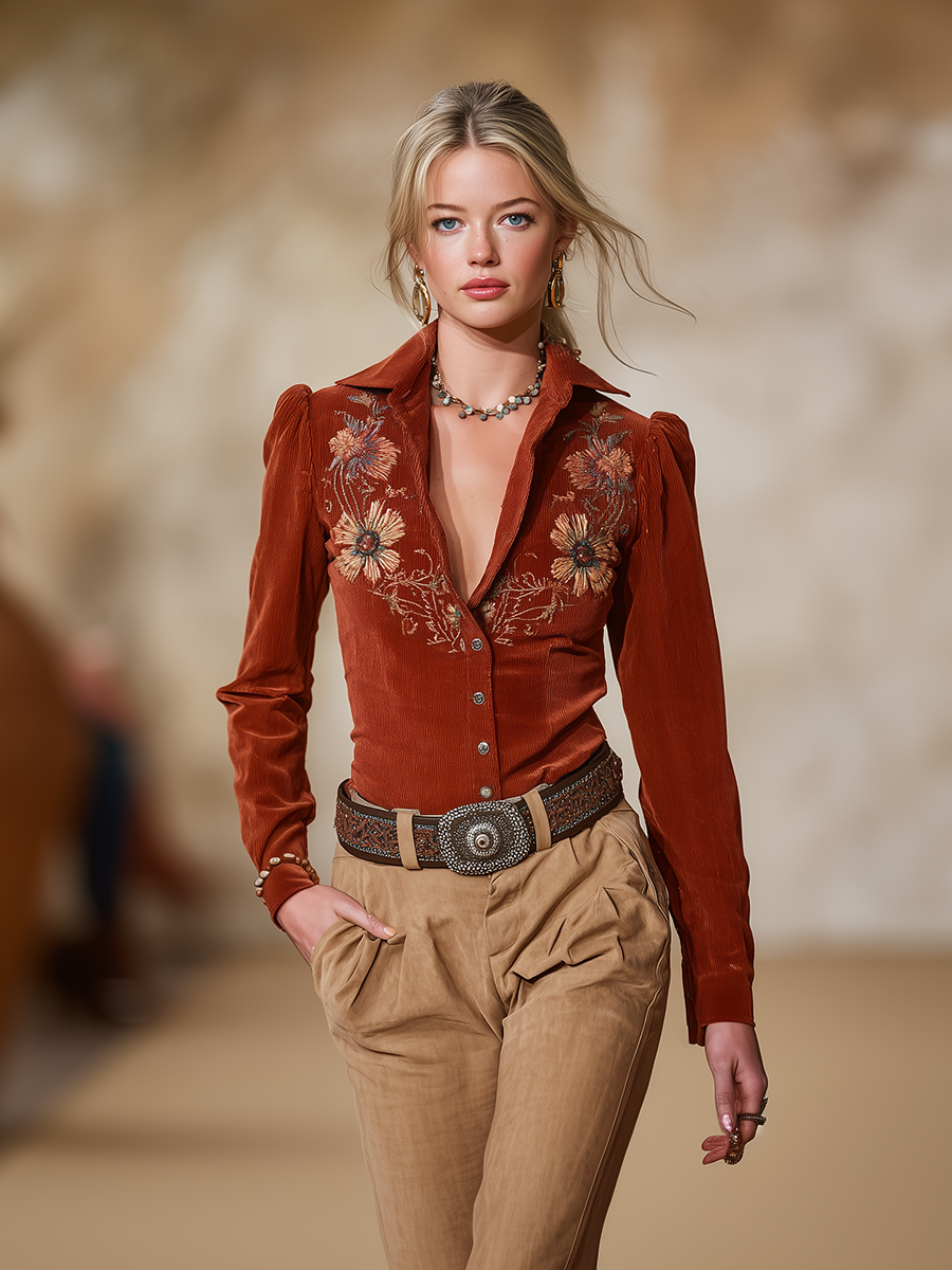 Premium Western-style Corduroy Embroidered Shirt