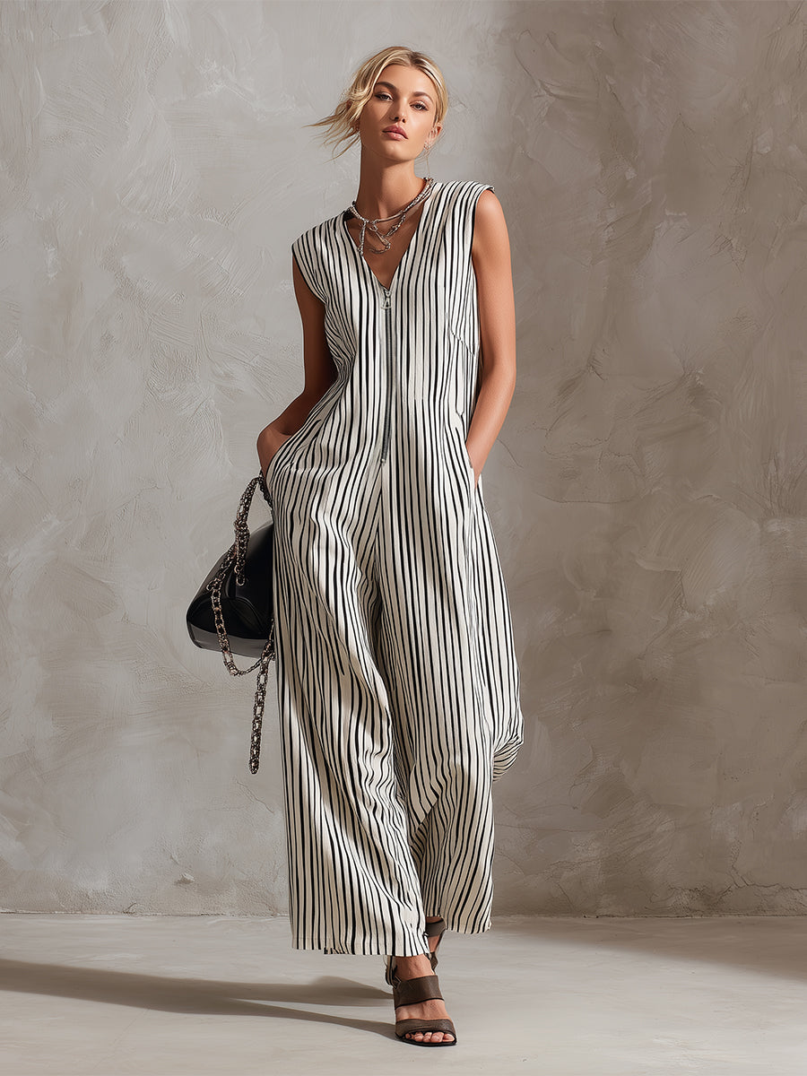 Classic Urban Silhouette Striped V-neck Sleeveless Wide-leg Jumpsuit