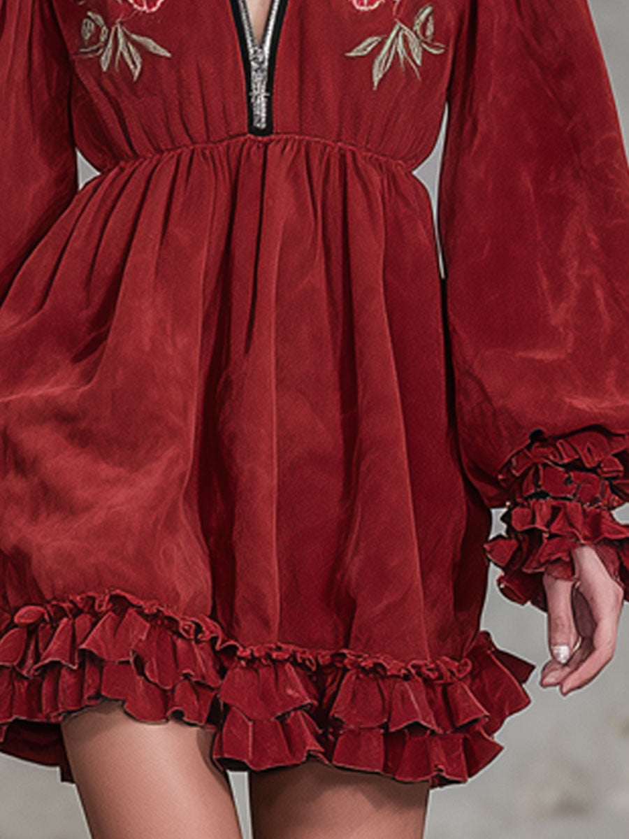 Ruffled Trim Zippered Floral Embroidered Faux Suede Long-sleeved Mini Dress