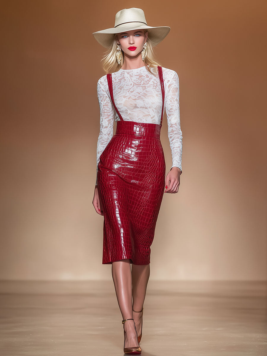 Western-style Vintage Red Crocodile-patterned Strap Skirt