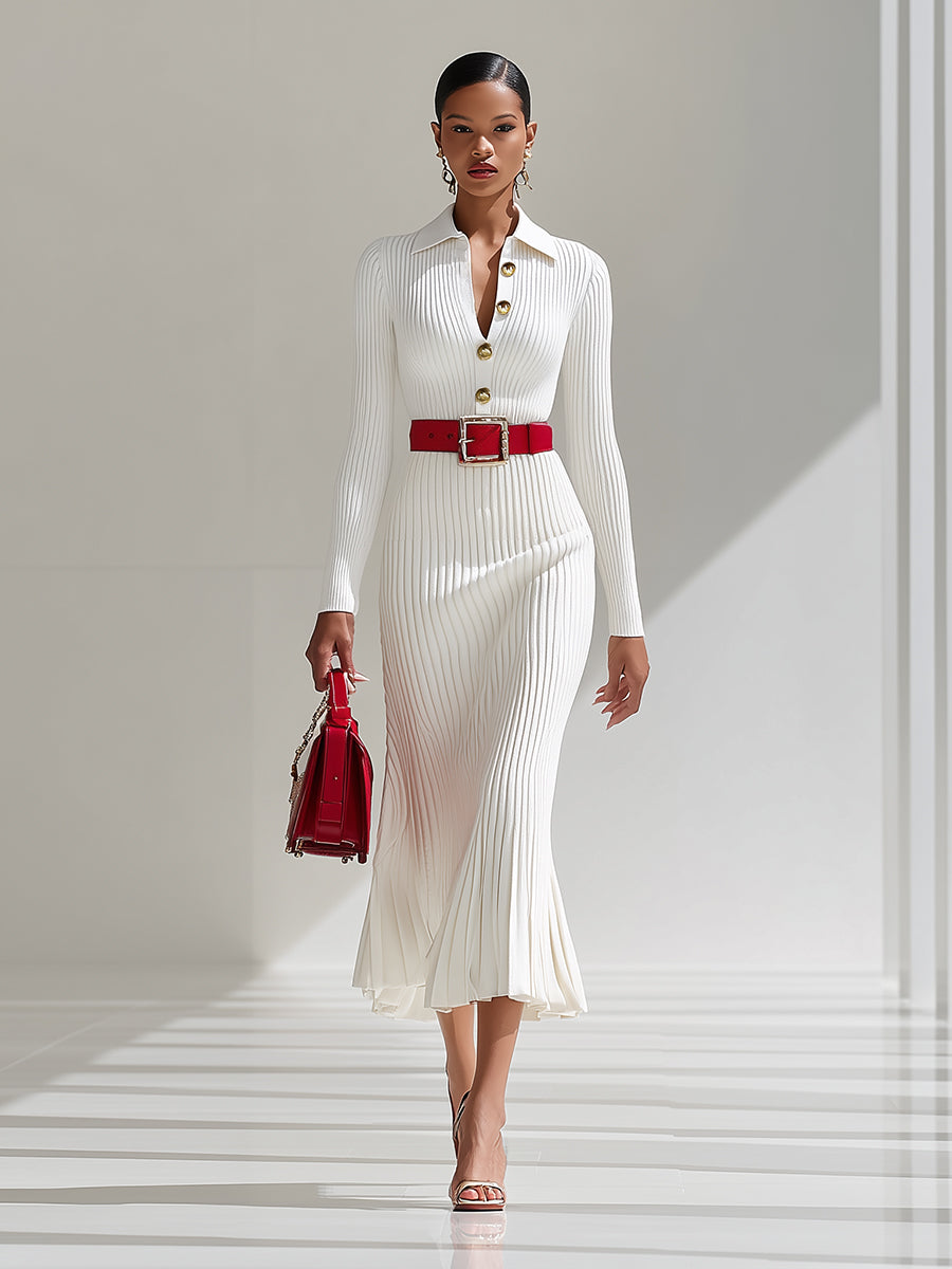 【24-hour shipping out】White Wool Lapel Button Design Maxi Dress