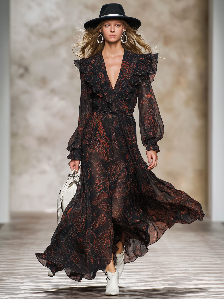 Fashionable Retro Long-sleeved Paisley Black Chiffon Ruffle Maxi Dress