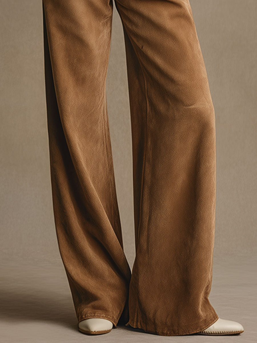 Western Retro Light Brown Faux Suede Wide-leg Pants