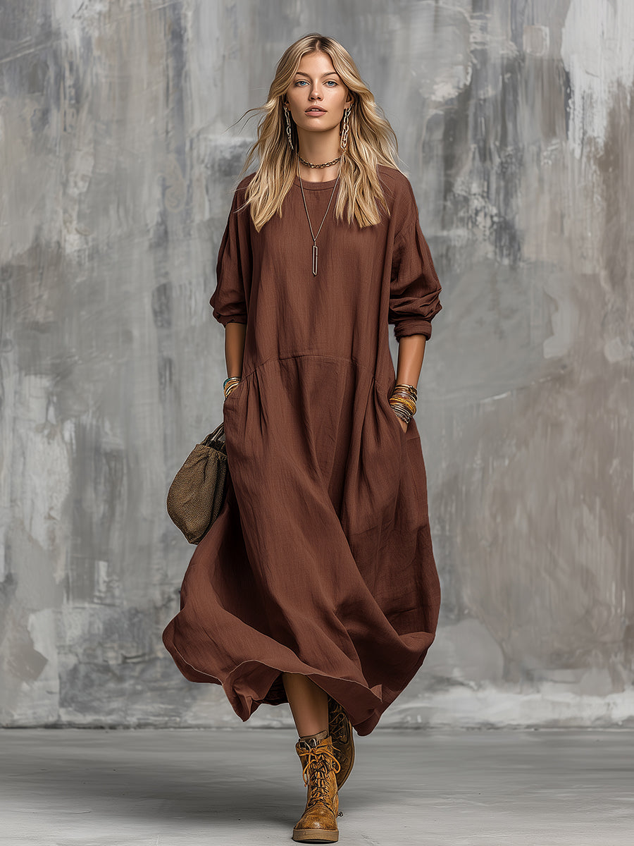 Retro Casual Solid Color Cotton And Linen Long-sleeved Midi Dress