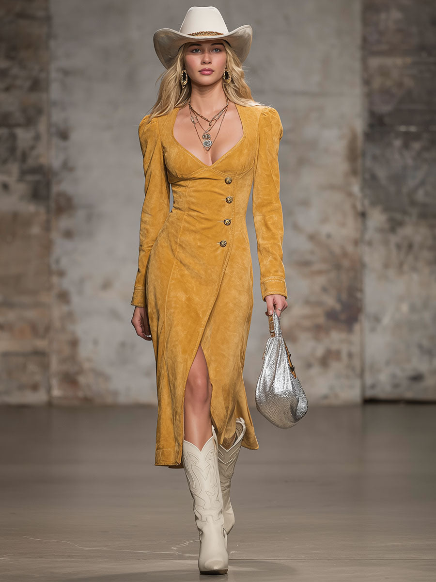 V-neck Button-front Split Hem Faux Suede Long-sleeved Midi Dress