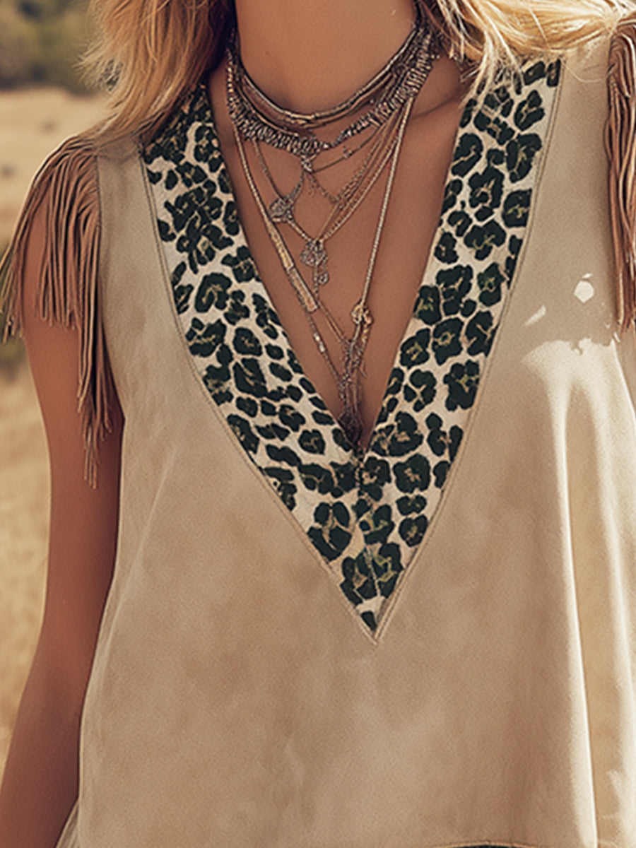 Retro Leopard Print Trim Beige Faux Suede Tassel Tank Top