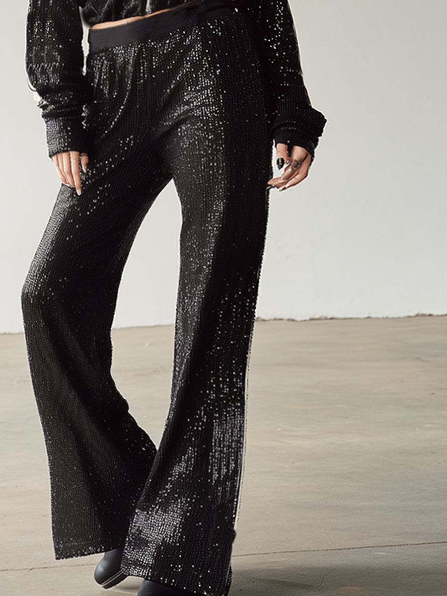 Stylish Casual Sporty Black Sequined Front Zipper Top And Wide-Leg Pants Set