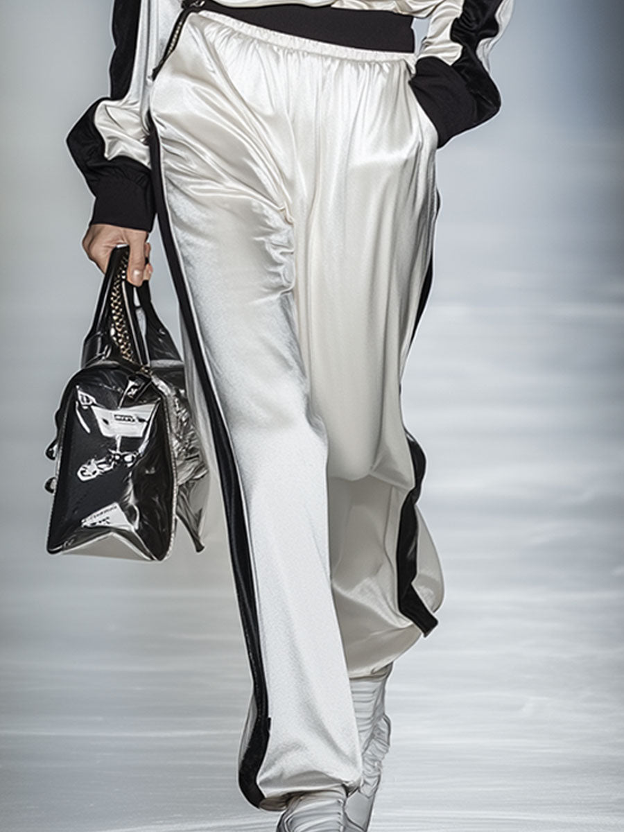 Stylish Black And White Color-blocked Velvet Top And Pants Set