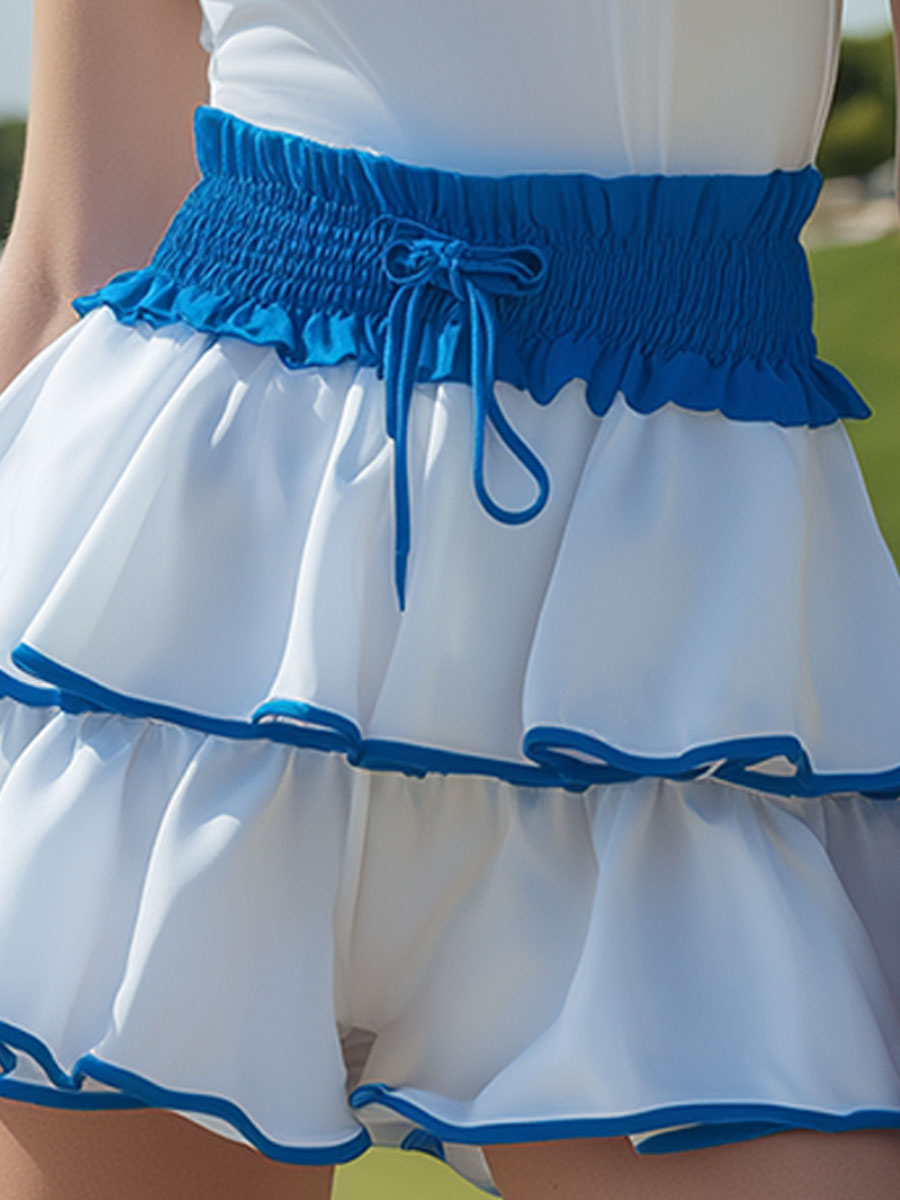 Casual Sporty Blue Trim White Sleeveless Top And Ruffled Shorts Set