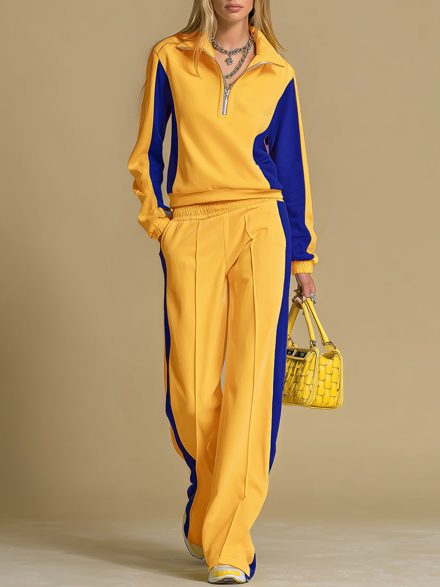 Retro Sporty Color-blocked Long-sleeved Sweatshirt And Wide-leg Pants Set