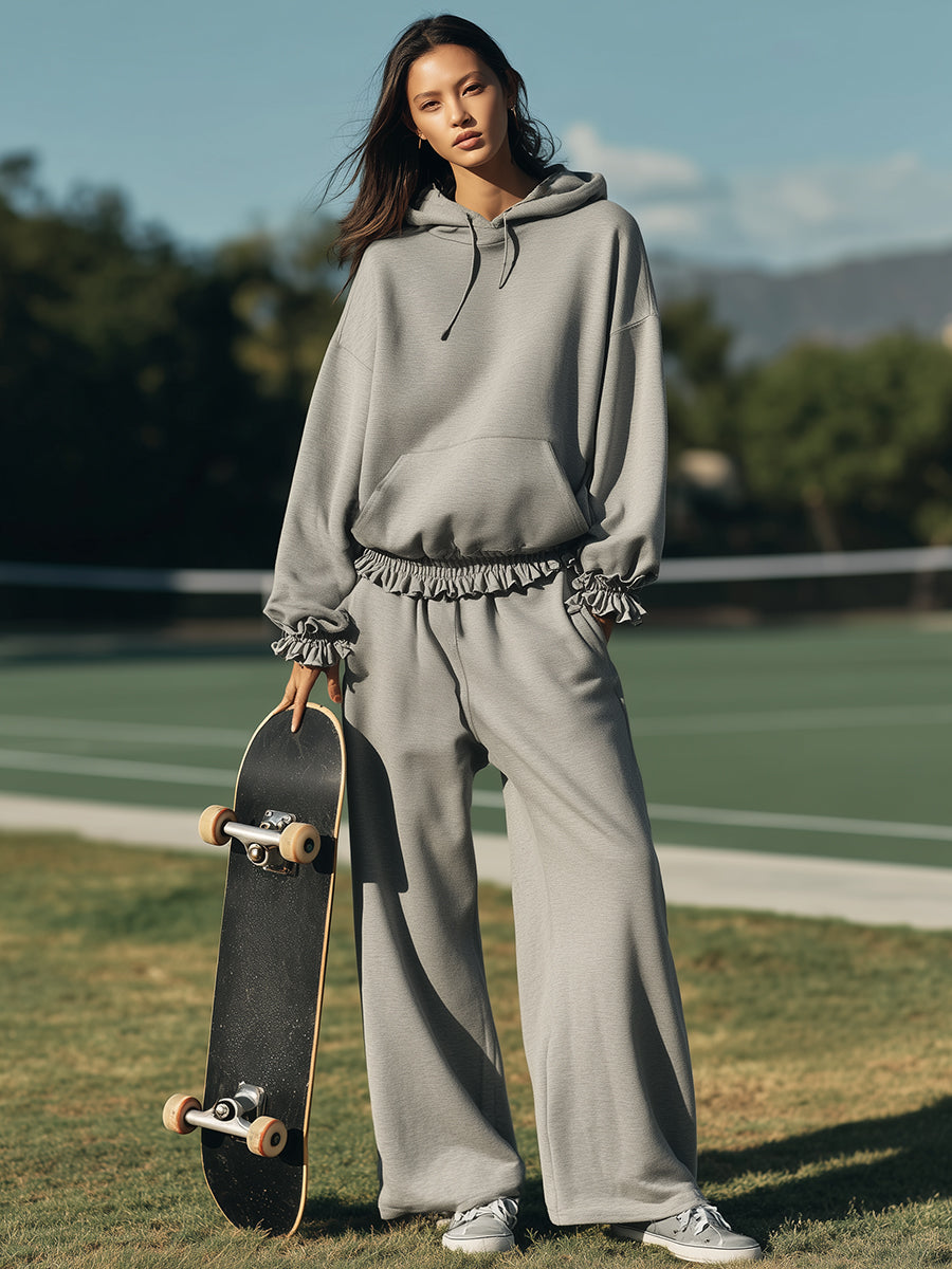 Sporty Casual Ruffle Trim Gray Hooded Sweatshirt And Trousers Set