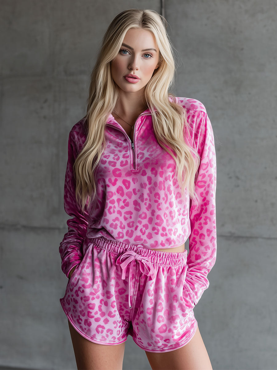 Leopard Print Velvet Top And Shorts Set