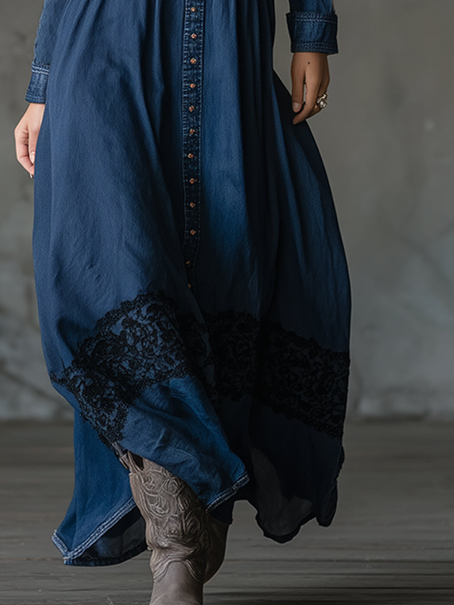 Elegant Loose-fitting Blue Denim Lace-trimmed Maxi Dress