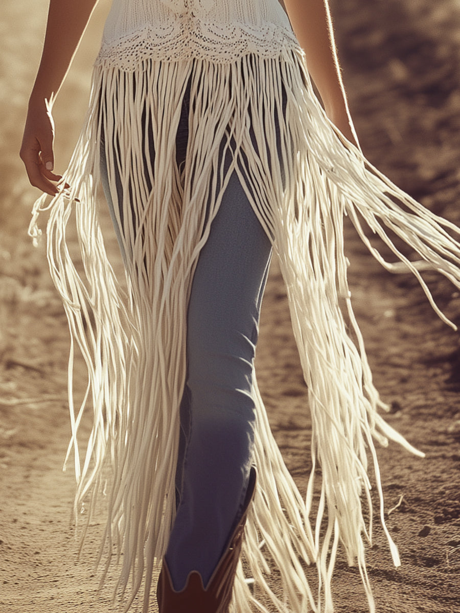 【24-hour shipping out】Retro Romantic Tassel Spaghetti Strap Textured Fabric Mid-length Top