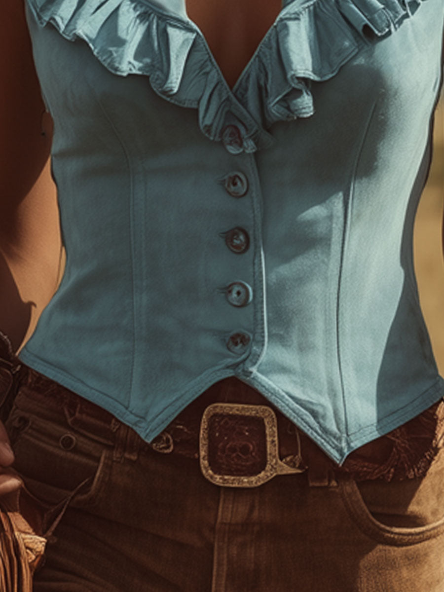 Western Retro Bohemian Style Lake Blue Faux Suede Ruffled Sleeveless Shirt
