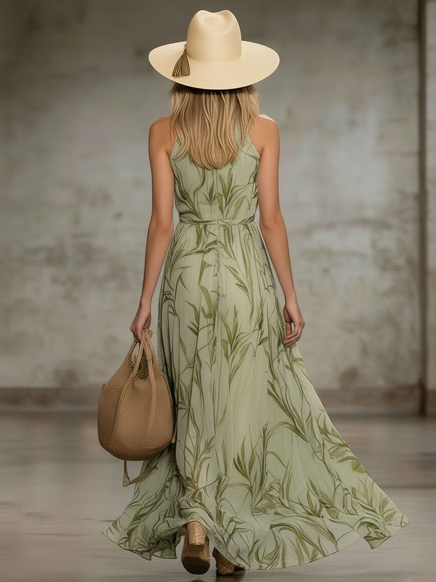 Elegant Leaf Print Halter Neck Chiffon Sleeveless Maxi Dress