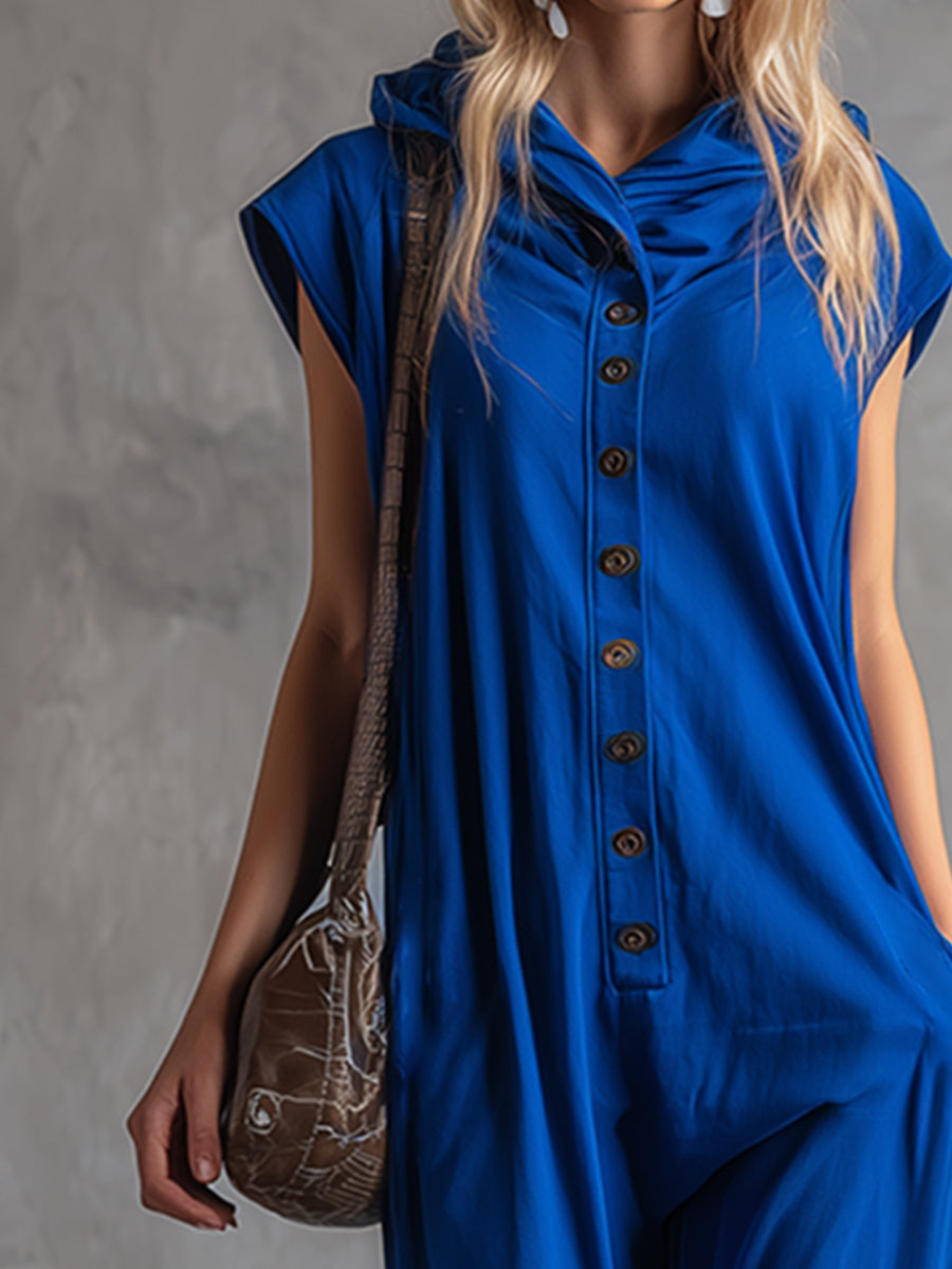 Stylish And Sporty Royal Blue Hooded Wide-shouldered Cotton Sleeveless Jumpsuit