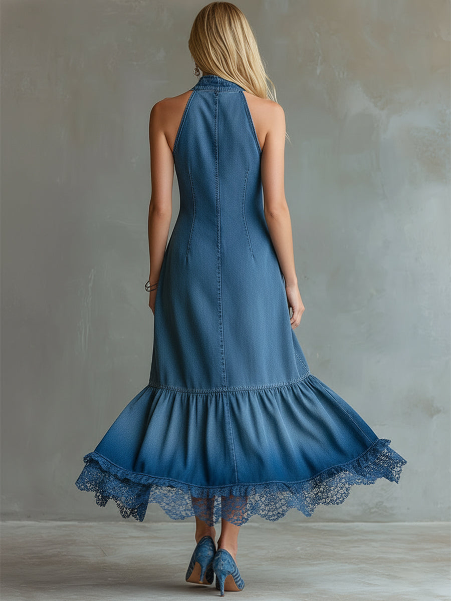 Elegant Urban Style Lace-trimmed Blue Denim Button-down Sleeveless Maxi Dress