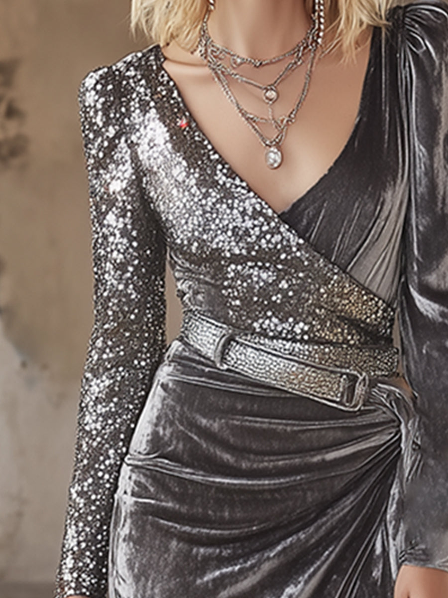 Elegant And Luxurious Silver Sequined Patchwork Velvet Slit Maxi Dress