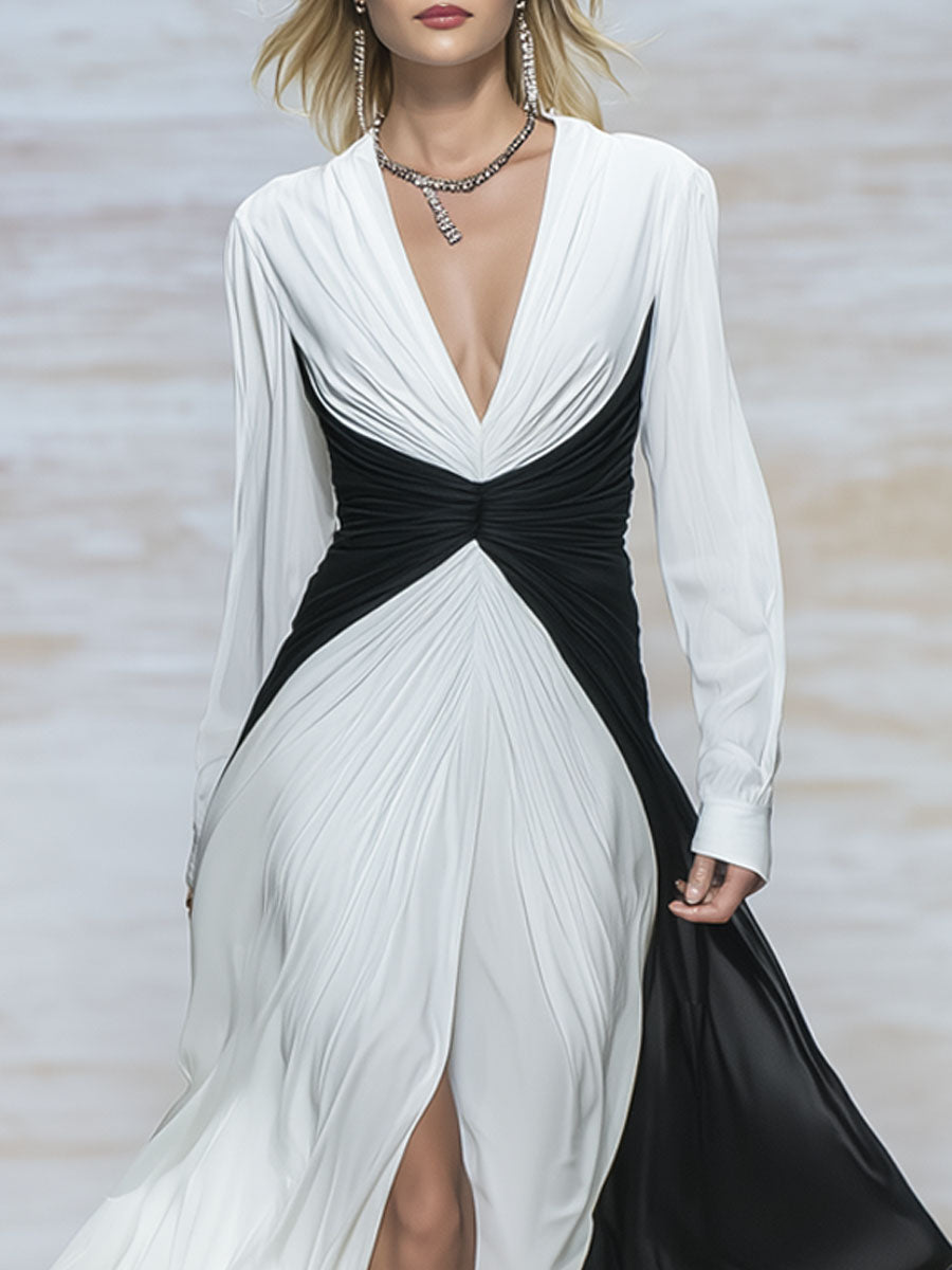 V-neck Color-block Chiffon Patchwork Long-sleeved Maxi Dress