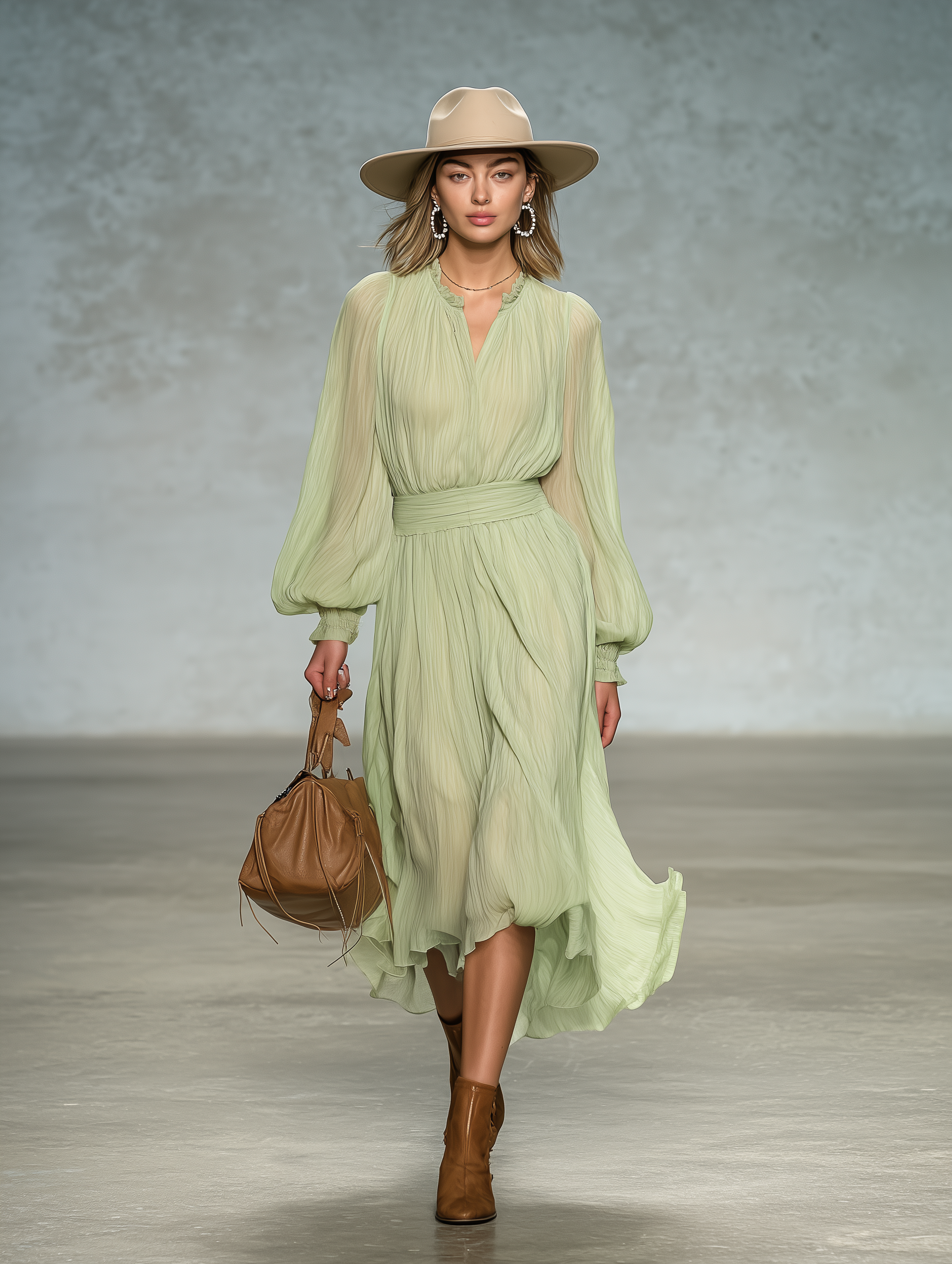 Elegant Green Chiffon With Ruffled Trim And Pleats Midi Dress