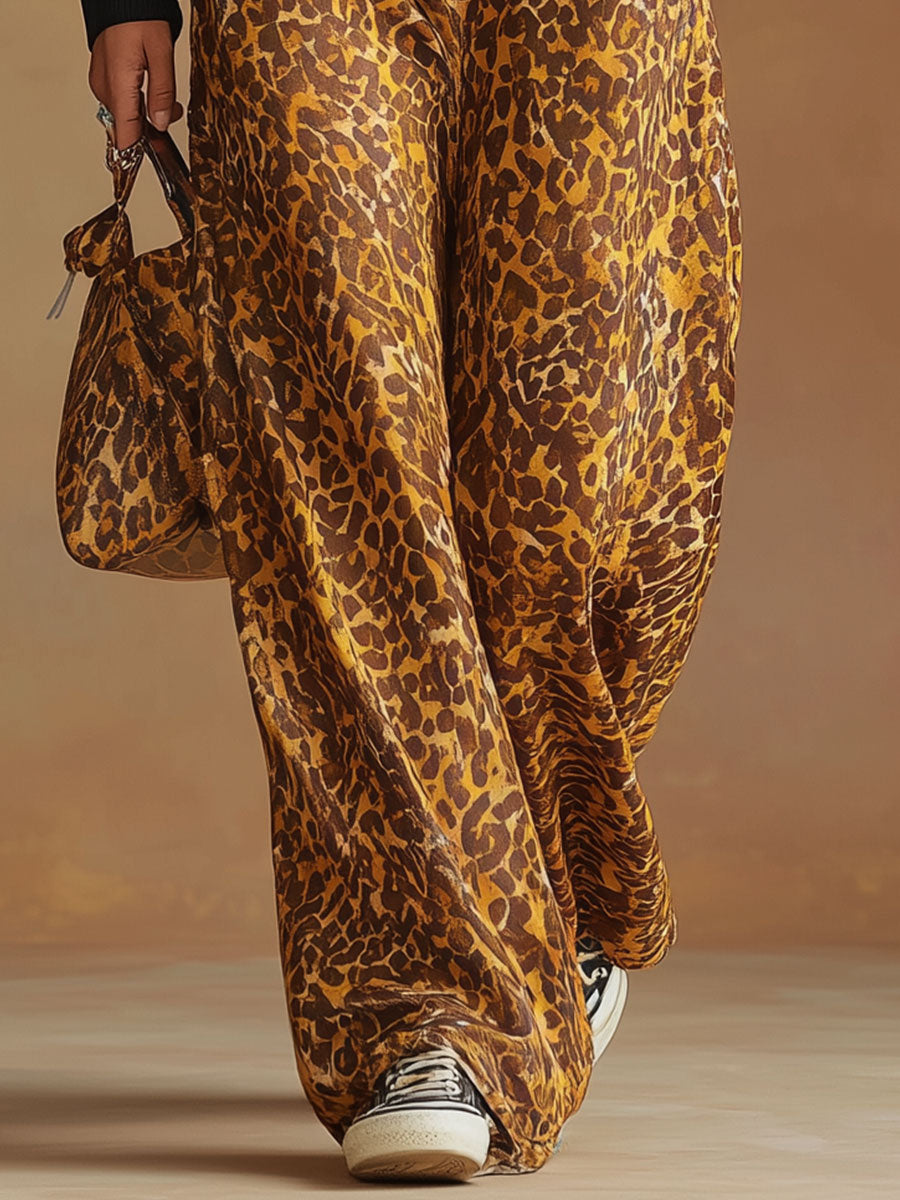 Stylish And Casual Yellow Leopard Print Overalls
