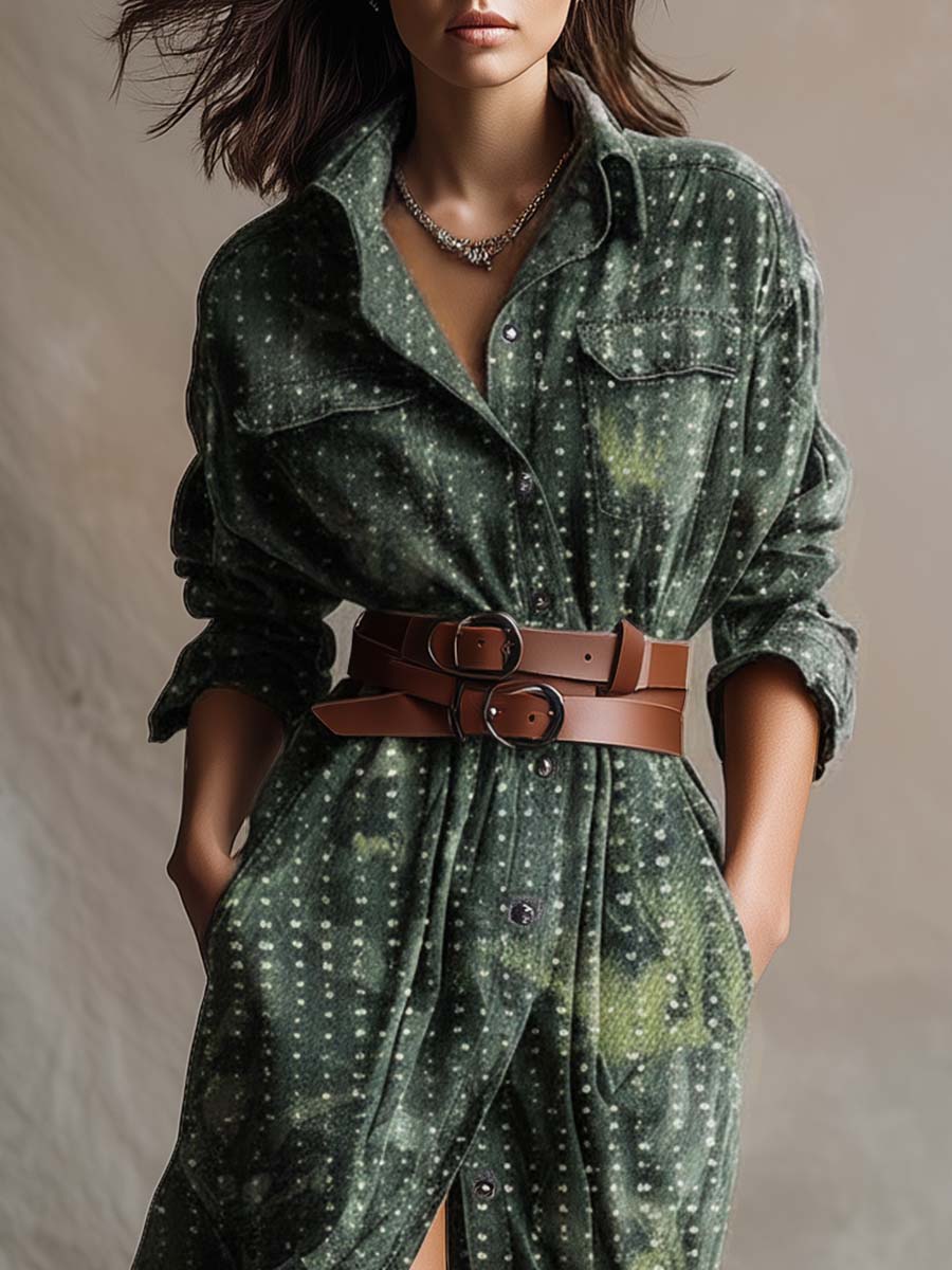 Vintage Western Front Button Lapel Front Button Green Tie-dye Pattern Denim Midi Dress