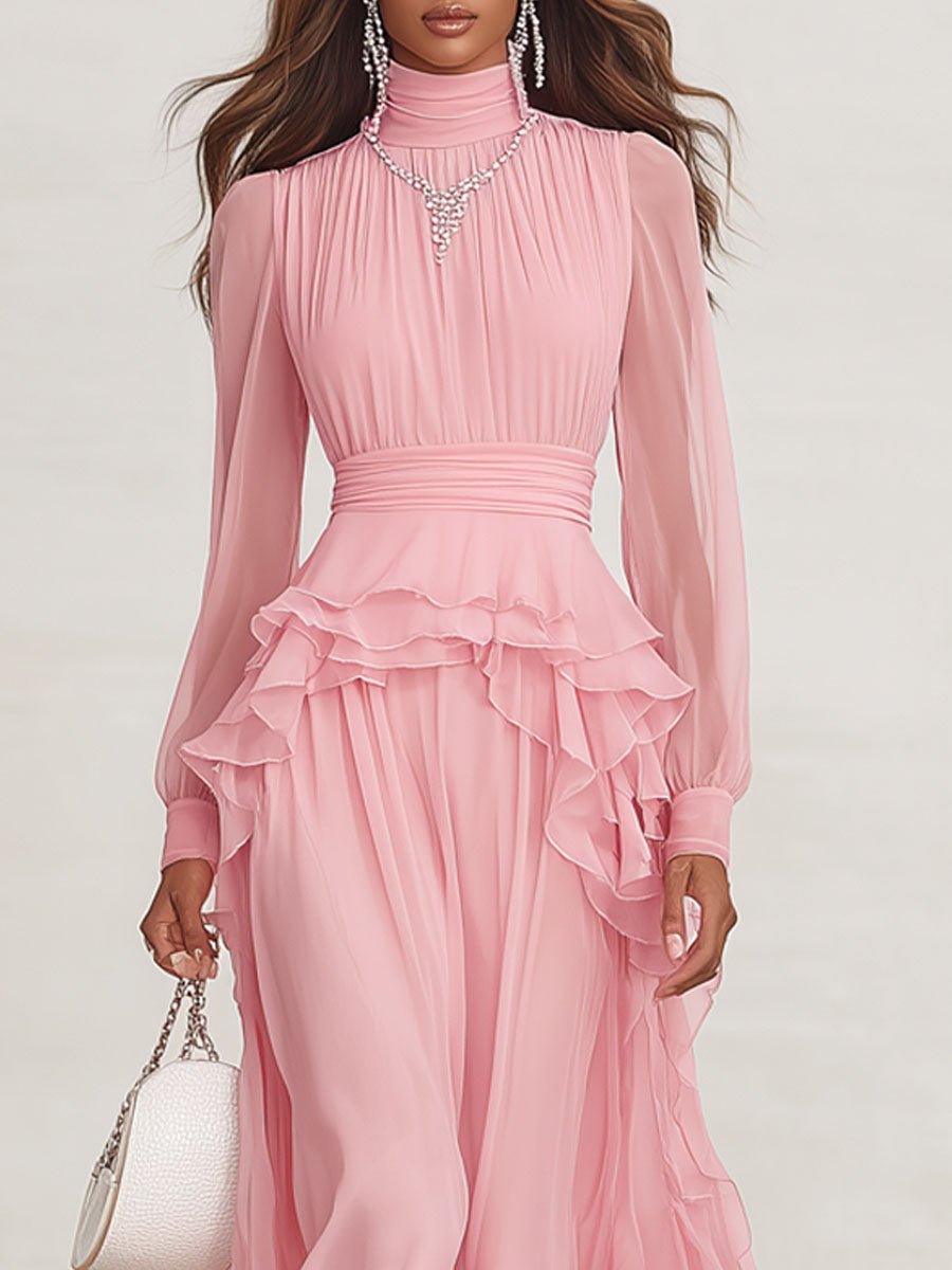 Pink High-neck Ruffled Chiffon Long-sleeved Maxi Dress