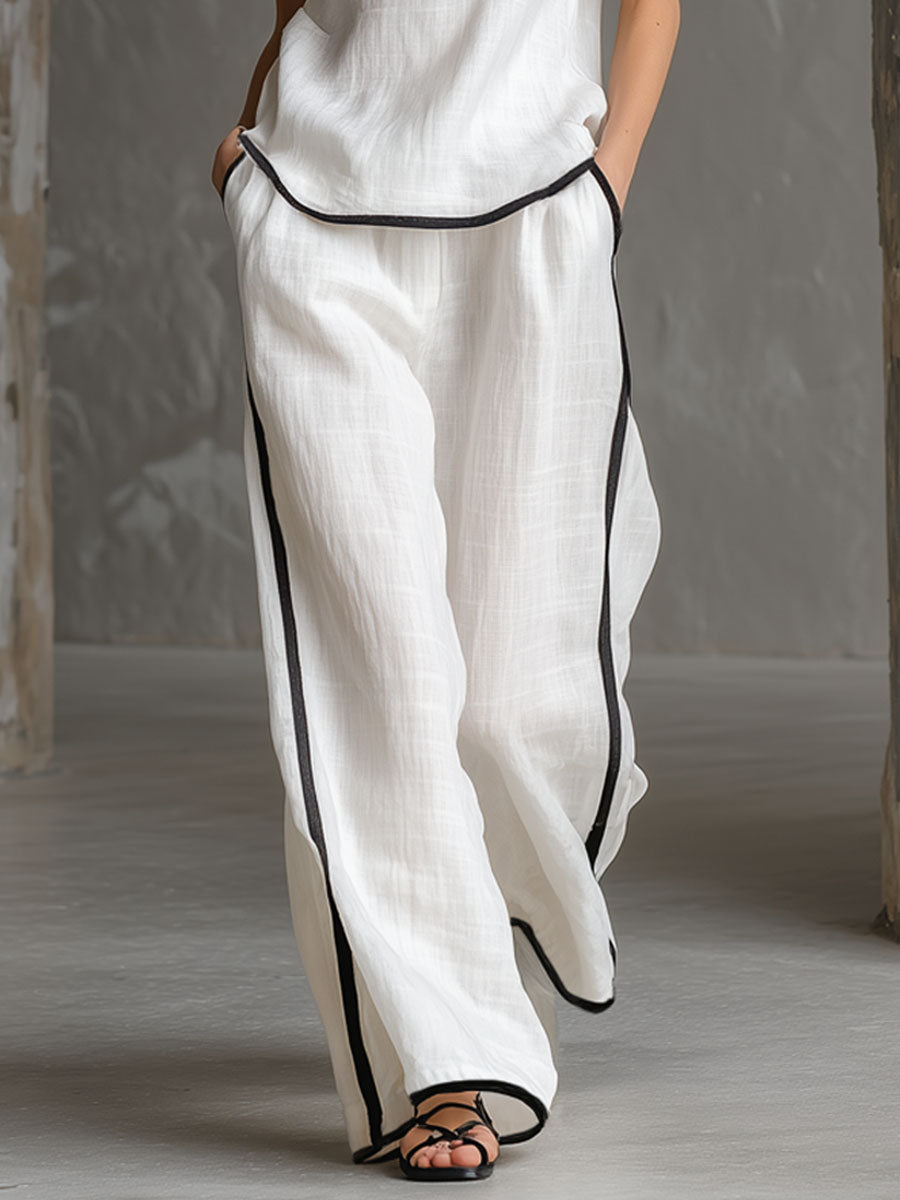 Loose-fitting Cotton-linen Color-blocked Sleeveless Top And Pants Set