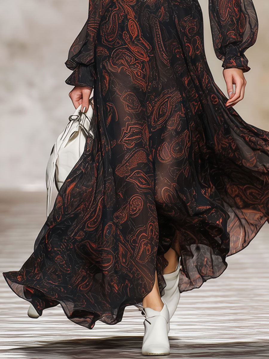 Fashionable Retro Long-sleeved Paisley Black Chiffon Ruffle Maxi Dress
