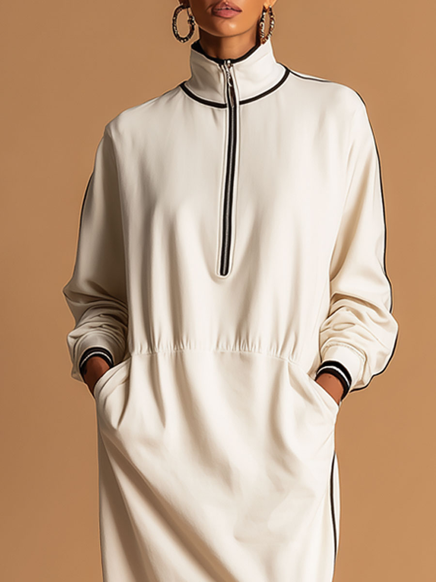 Sporty Retro-style Woven Off-white Cotton Blend Long-sleeved Midi Dress