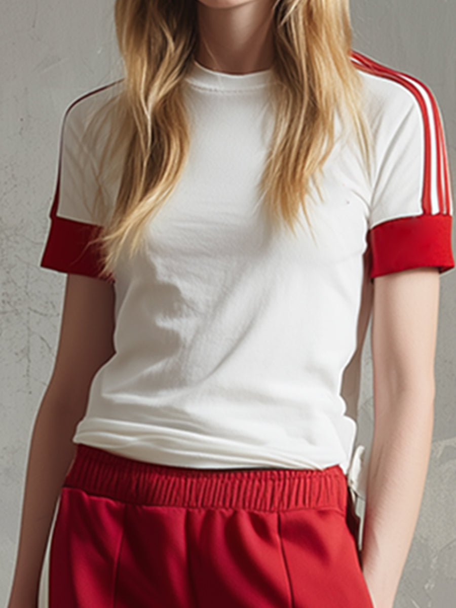 Casual Everyday Sports Striped Side Color-block T-shirt And Sweatpants Set