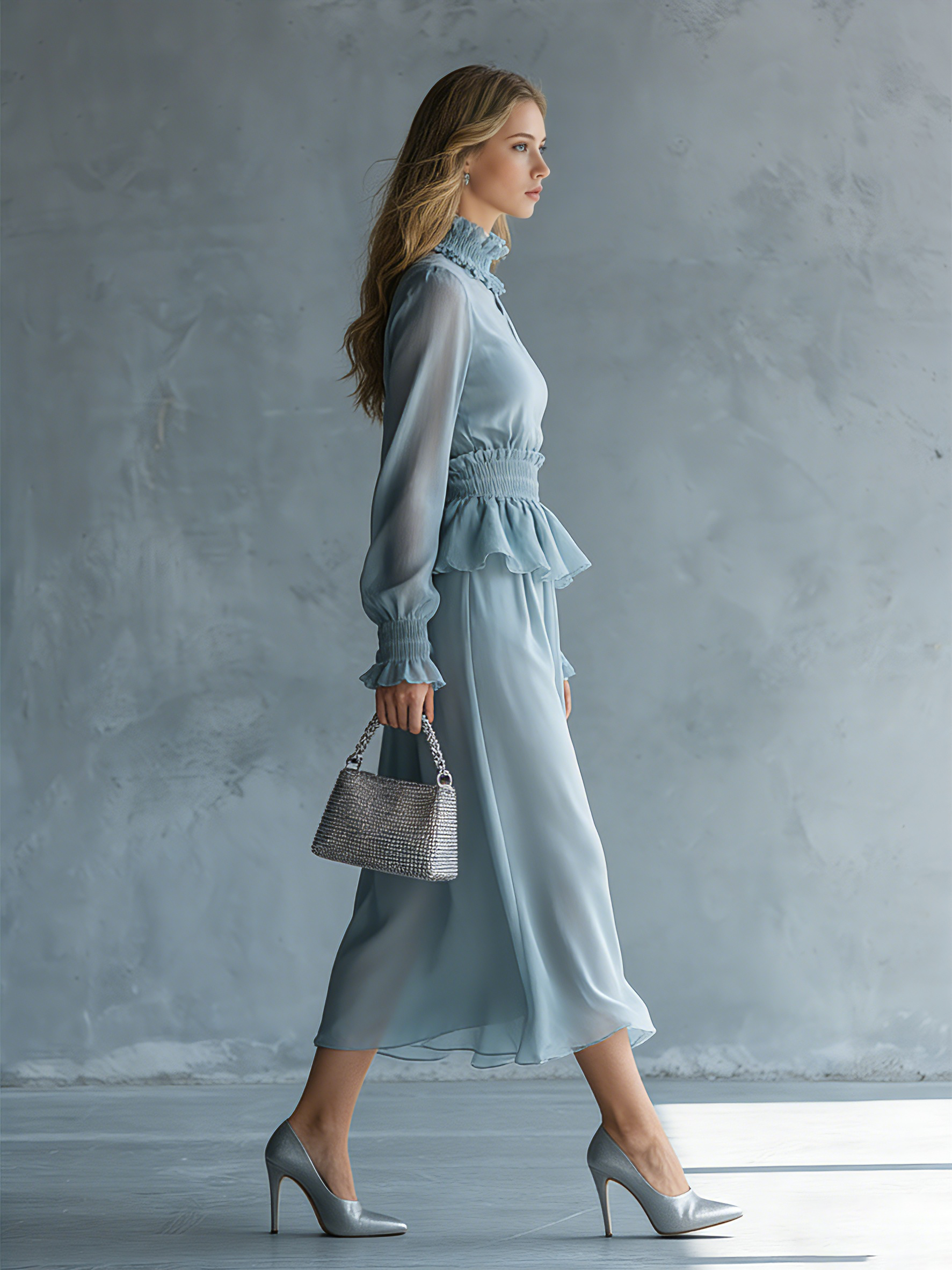 Stylish And Elegant High-neck Long-sleeved Ruffled Chiffon Midi Dress