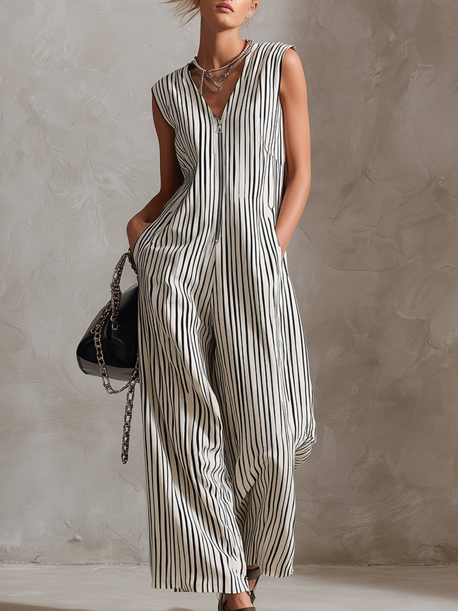 Classic Urban Silhouette Striped V-neck Sleeveless Wide-leg Jumpsuit