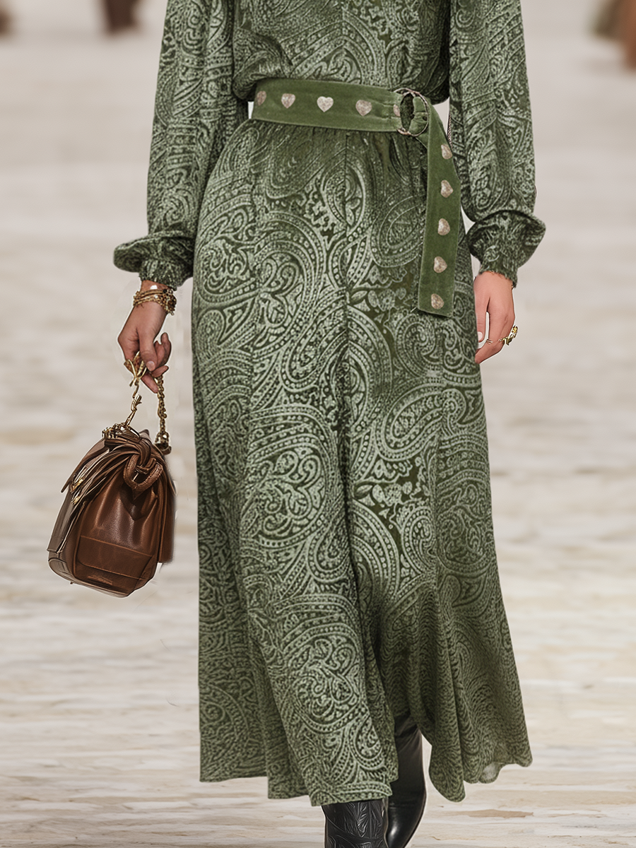 Retro Western Style Velvet Cashew Embossed Green Maxi Dress