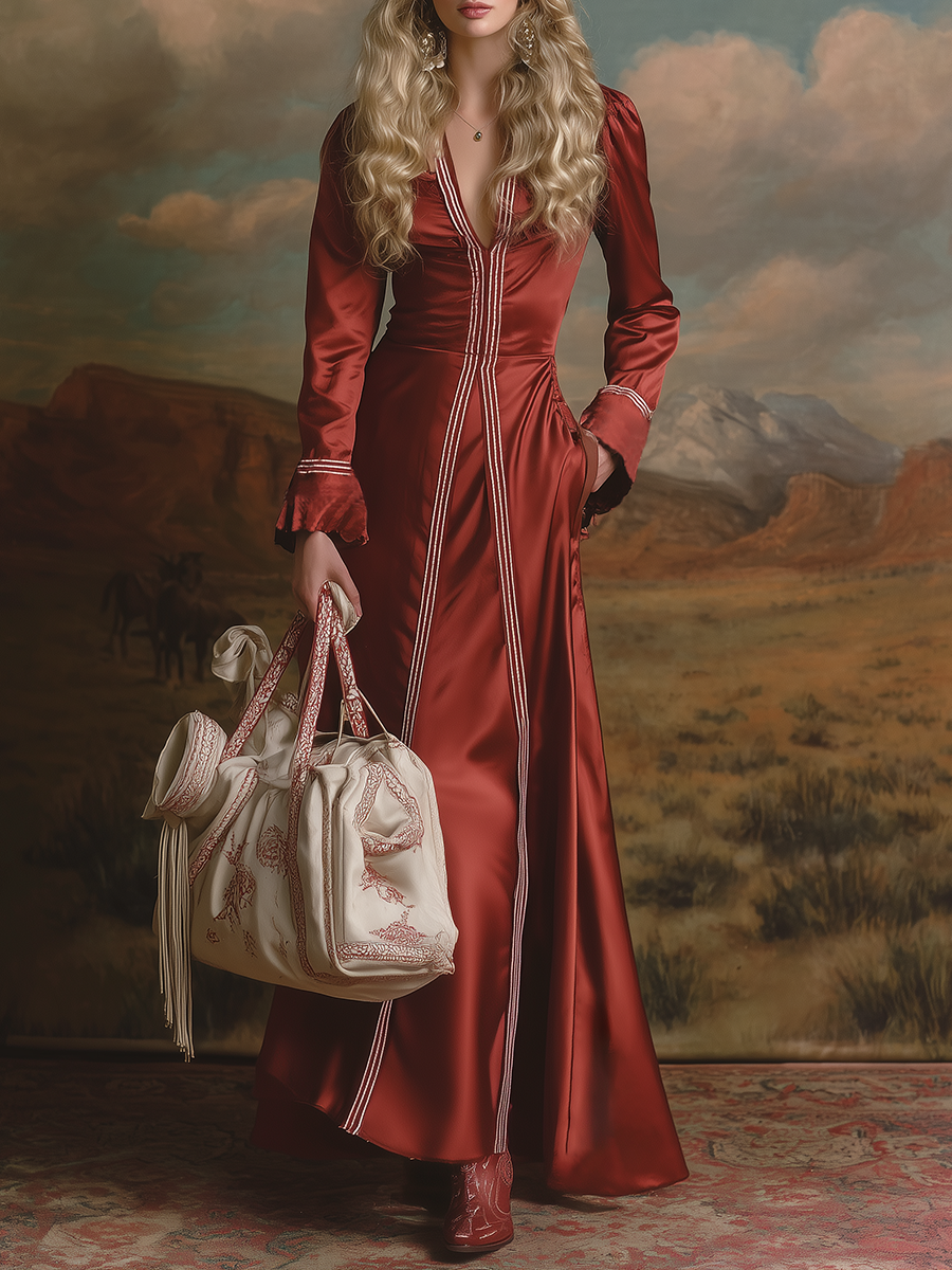 Romantic Western-style V-neck Red Satin Maxi Dress