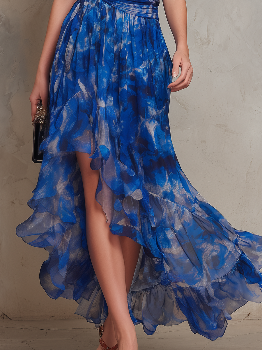 Fashionable And Romantic One-shoulder Short-sleeved Printed Chiffon Maxi Dress